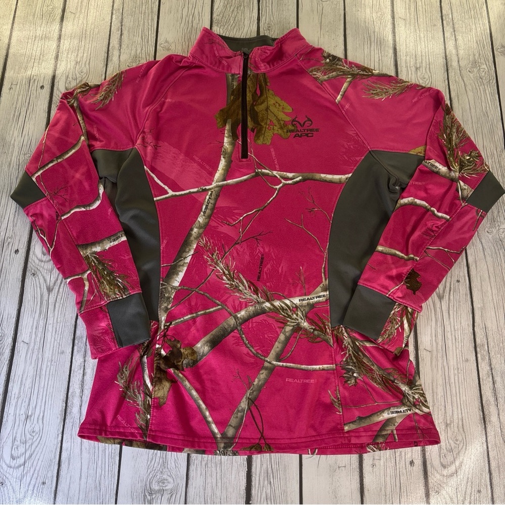REALTREE 1/4 ZIP Large (42-44) Womans Long Sleeve Pullover Top Jacket Pink Gray.